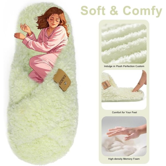 ⚡Women’s Light Green Faux Fur Cozy Fuzzy Cross Band Slippers House Shoes - Picture 3 of 6